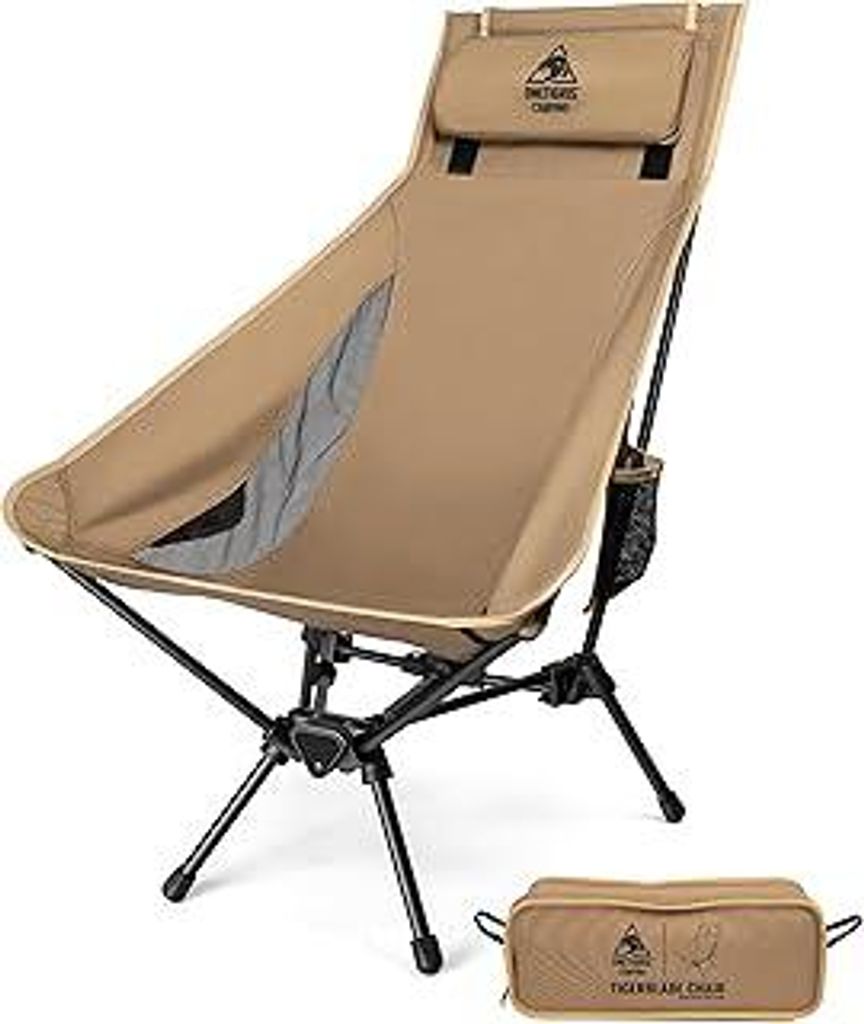 OneTigris TIGERBLADE Campingstuhl Hochlehner faltbar 170 kg, Klappstuhl Camping leicht Dreiecksrahmen, Angelstuhl klappbar mit 2 Seitentaschen, Fal...