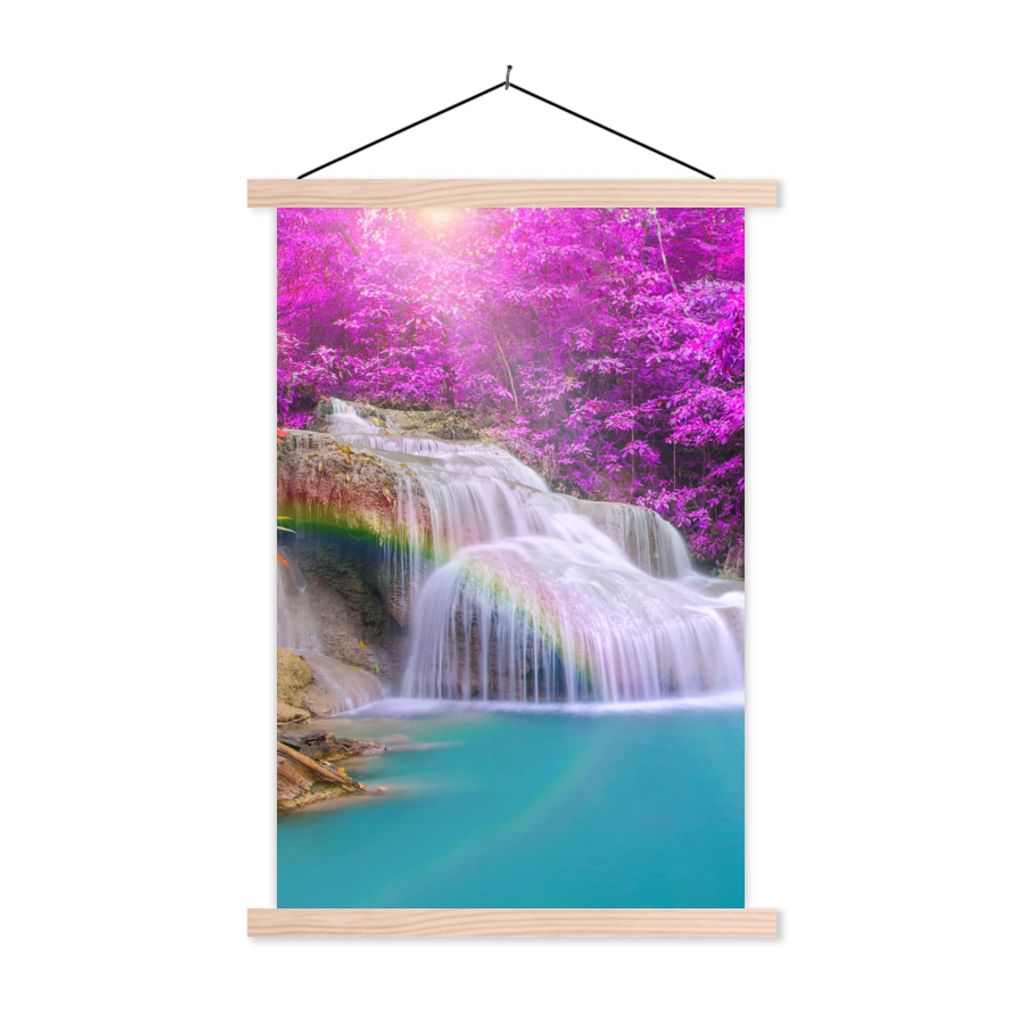 MuchoWow Textilposter Wasserfall - Bäume - Regenbogen - Lila 60x90 cm mit holzfarbenen Rahmen - Textil