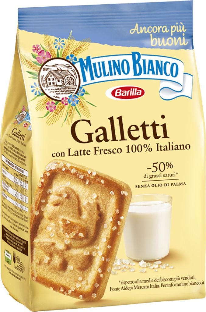 A bag of Mulino Bianco Galletti cookies with a close-up of one cookie and a glass of milk.