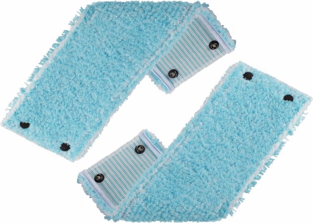 Two blue mop pads with white striped backing and black snaps, arranged diagonally.