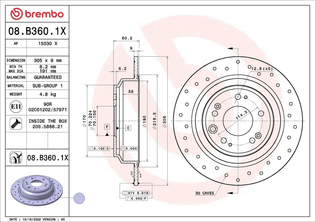 Disque de frein arrière perforé pour Honda Accord IX et VIII Berline