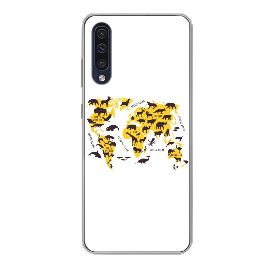 MuchoWow Handyhülle Schutzhülle Hülle für Samsung Galaxy A50 Weltkarte - Tiere - Gelb Silikon Softcase Handy Hülle - Mobiltelefonhülle