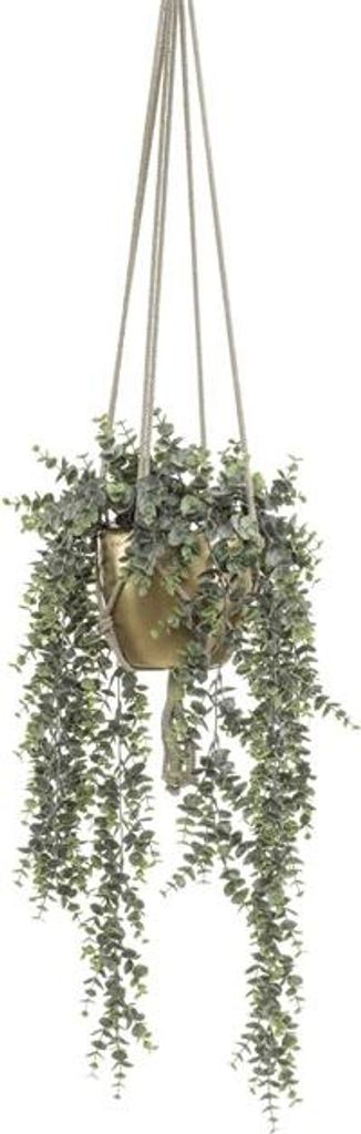 artplants.de Kunst Eukalyptus Blumenampel RAMINA, Keramiktopf Gold, grün-grau, 75cm - Künstliche hängende Pflanze