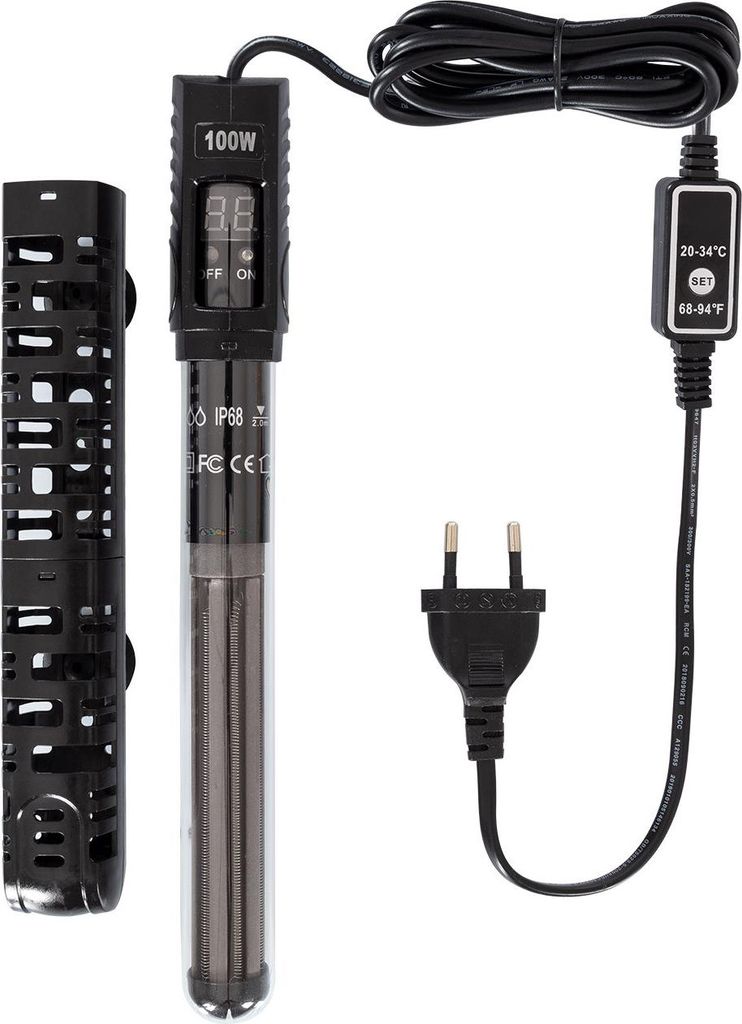 A black aquarium heater with a digital display and a protective sleeve, along with its power cord and plug, laid out on a white background.