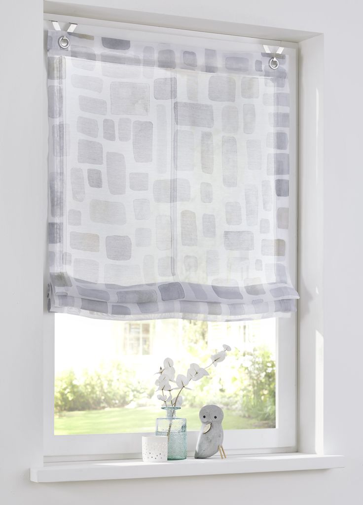 Glen Raffrollo weiß mit Hakenaufhängung, halbtransparent, Raffgardine mit Ösen, modern Bedruckt grau Taupe, Polyester pflegeleicht, 100 x 140 cm