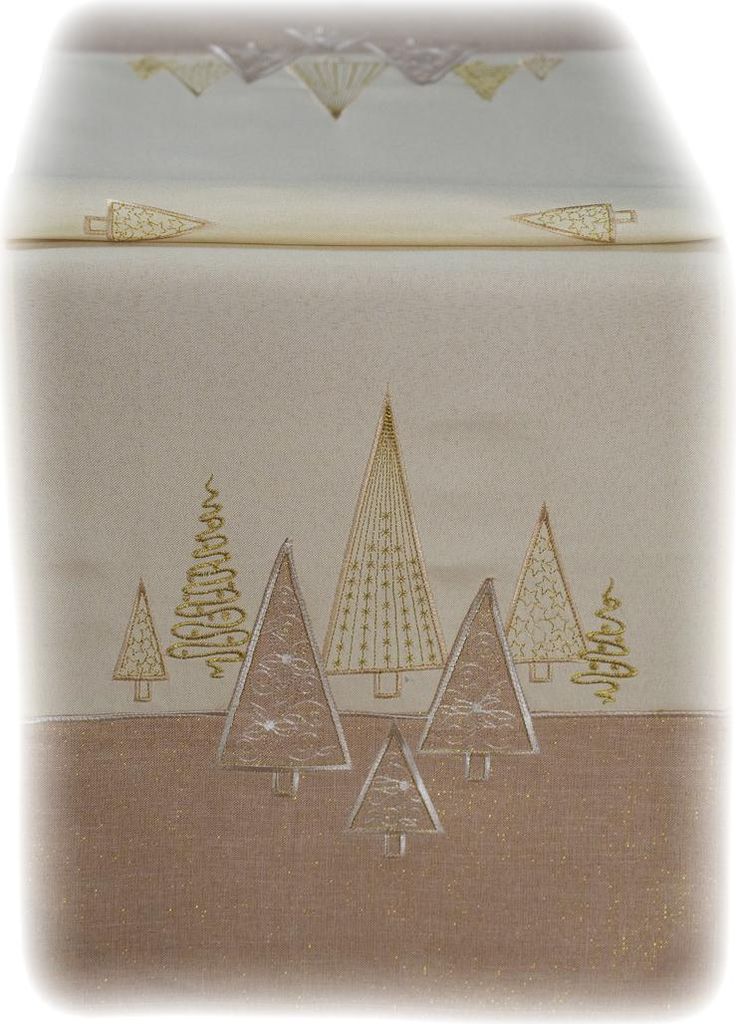 Tischwäsche Tischläufer Stickerei Tannenbäume Winter Weihnachten Deko 40 x 140 cm - beige