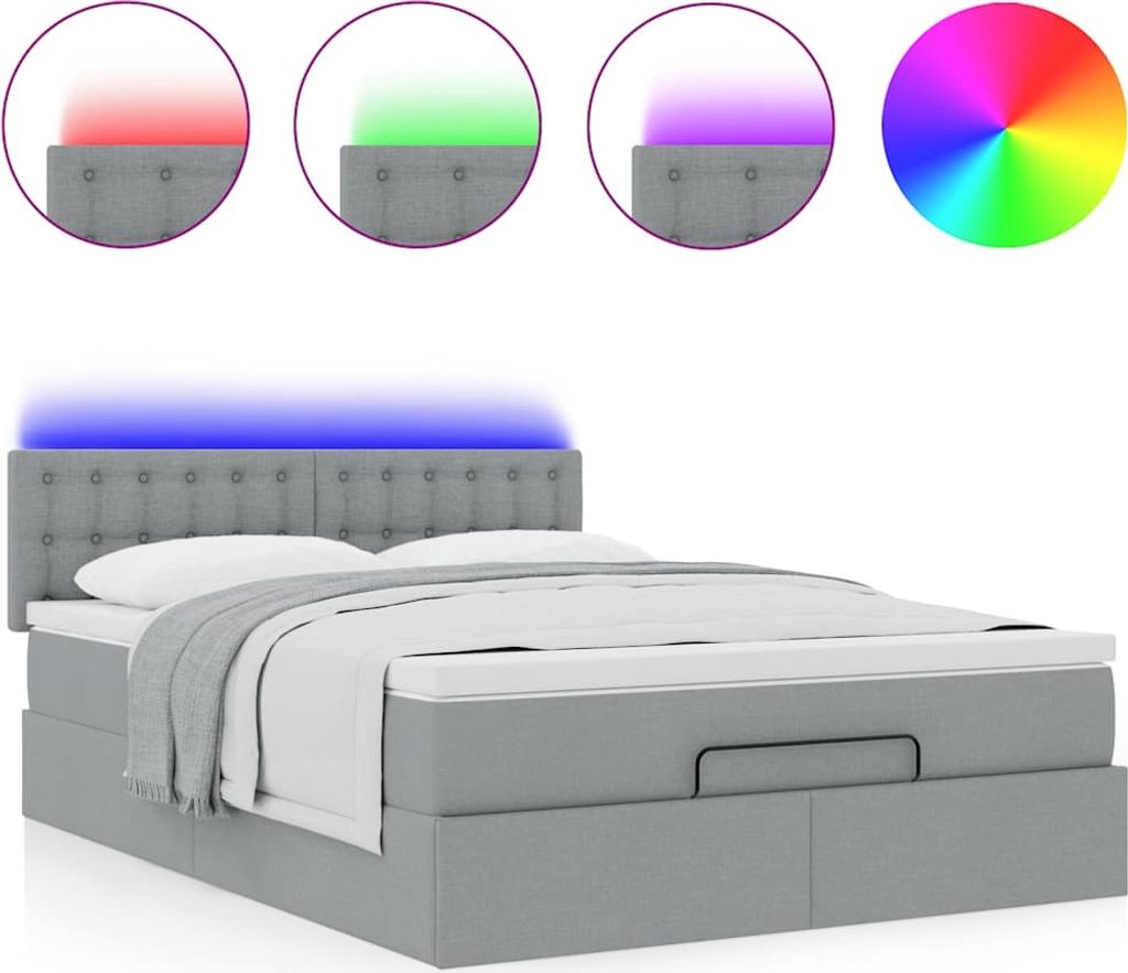 Ottomane Bett mit Matratze & LEDs Hellgrau 140x190 cm Stoff