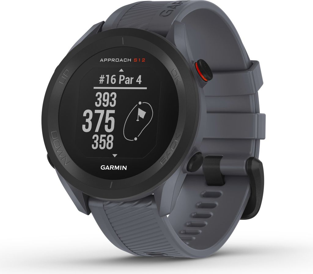 A close-up studio shot of a Garmin Approach S12 golf watch.