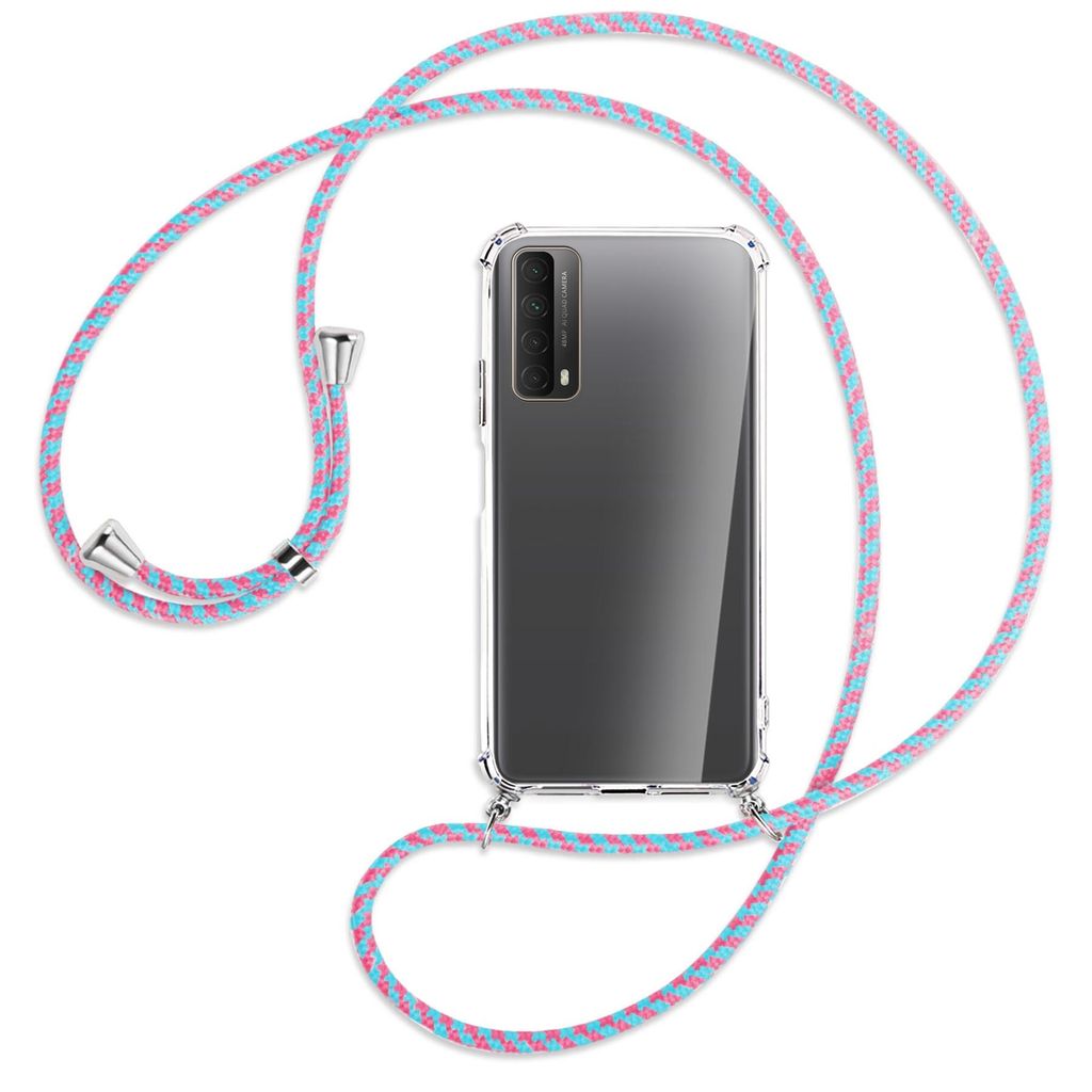 Handykette Backcover-Schutzhülle mit Band (Metall silberfarben) für Huawei P smart 2021 - pink/mint