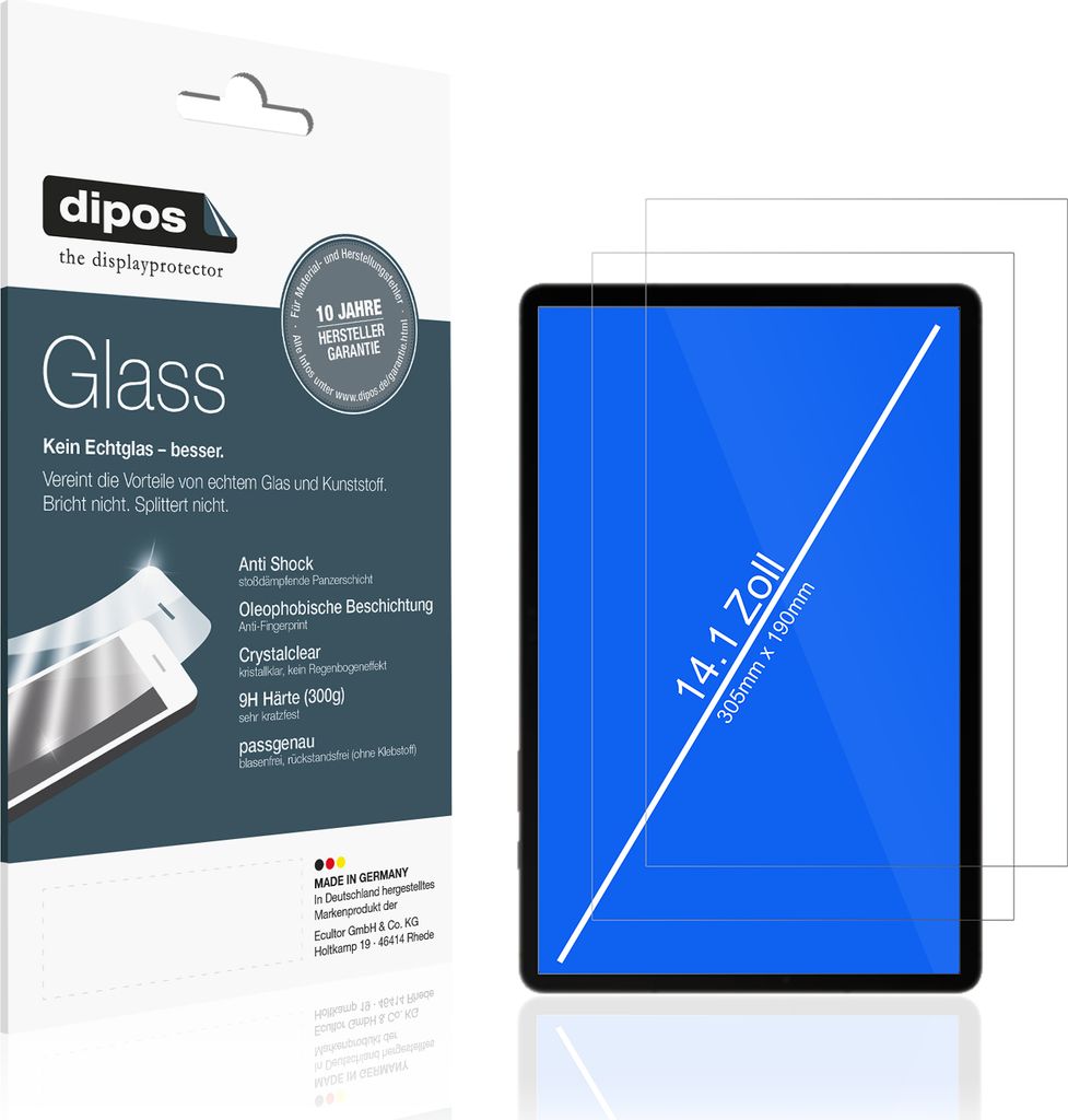 2x Schutzfolie für Tablet 14.1 Zoll (305mm x 190mm) - Anti-Shock 9H Folie dipos Glass Kunststoffglas