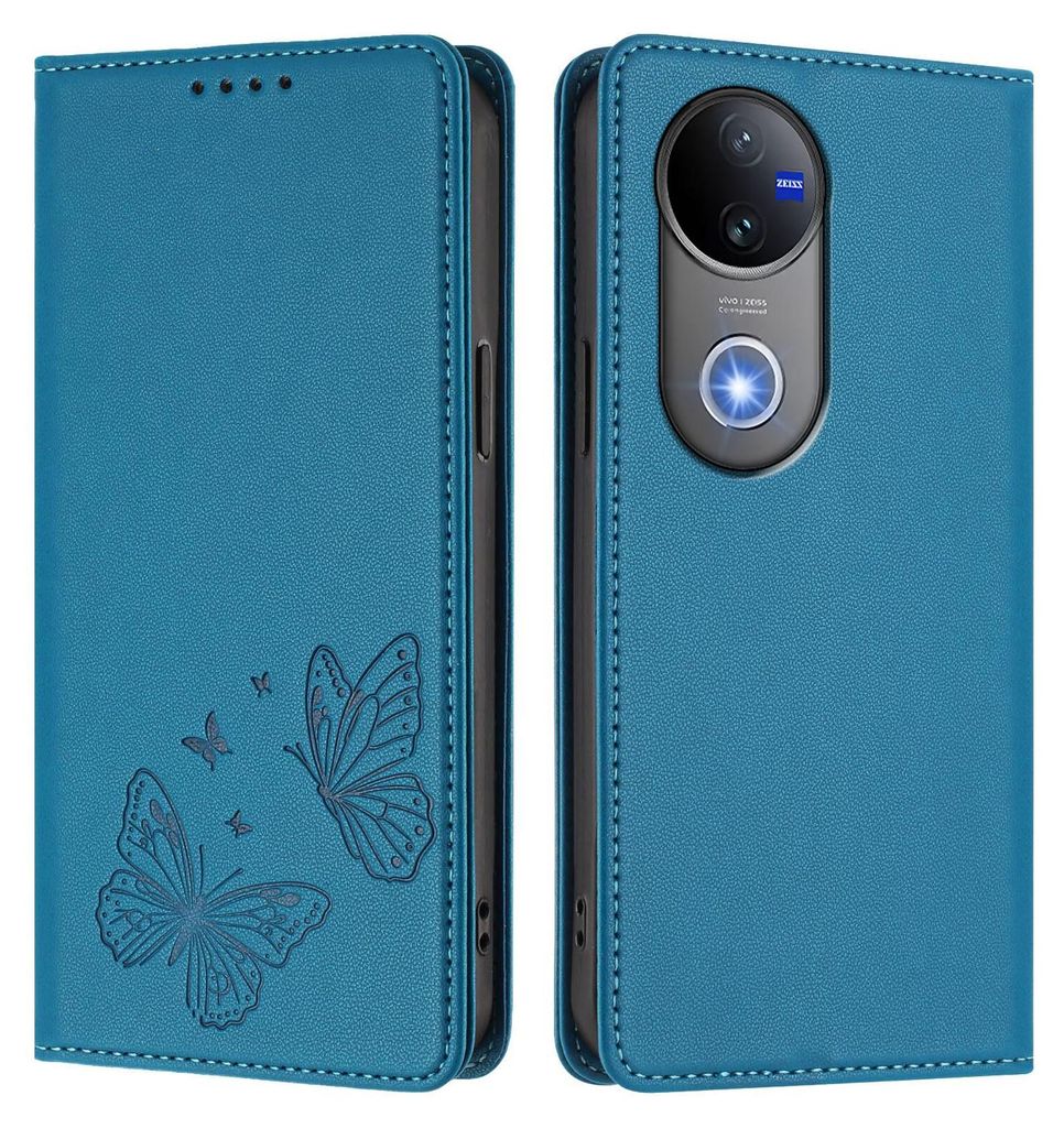 Lederhülle für Vivo V50, Schmetterling Prägung Leder Brieftasche Schutzhülle mit Ständer Blau