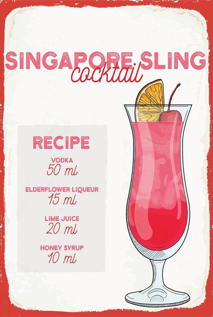vianmo Holzschild 18x12 cm Singapore Sling Cocktail Recipe Produktbild 
