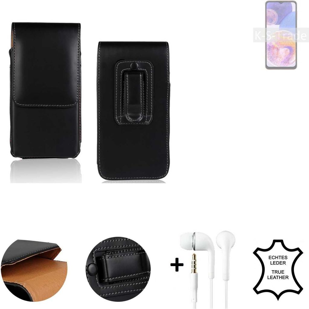 K-S-Trade Leder Gürteltasche + Kopfhörer kompatibel mit Samsung Galaxy A23 Seitentasche Belt pouch Holster Handyhülle Schutz Hülle Etui schwarz 1x