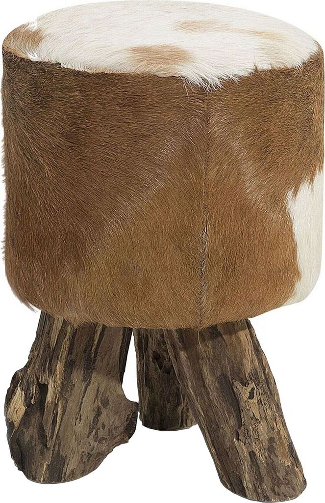 BELIANI Sitzhocker Goldbraun Ziegenfell Teakholz 42 cm Boho-Stil