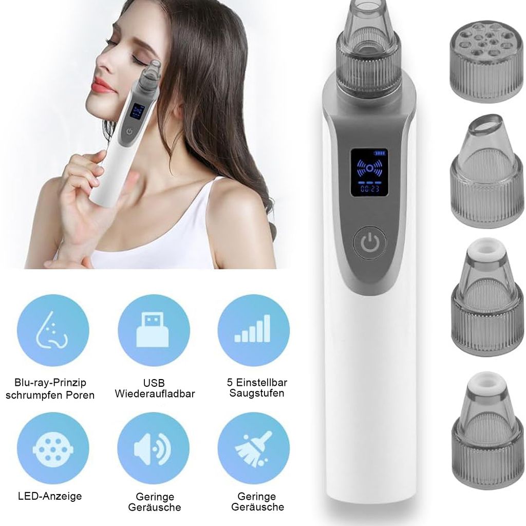 OKWISH Porenreiniger, Mitesserentferner, 5 austauschbare Saugköpfe, 3 Saugmodi, Vakuumsauger, Mitesser Entferner, USB-Aufladung