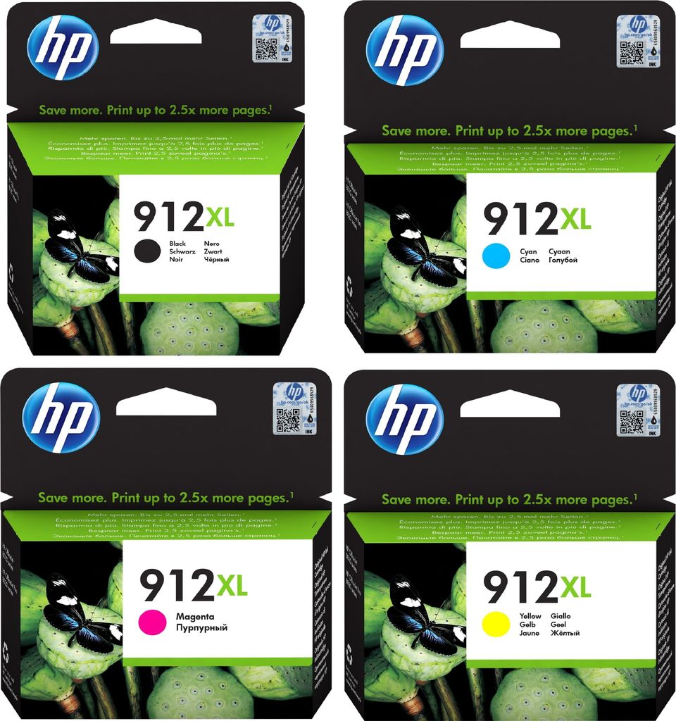 Four HP 912XL ink cartridge packages are arranged in a 2x2 grid.