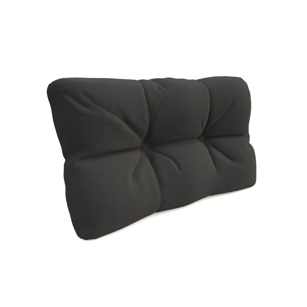 A dark gray tufted cushion is shown against a white background.