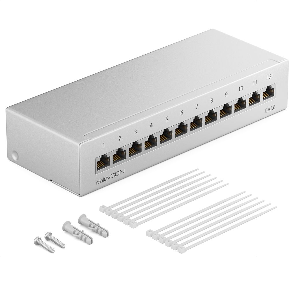 deleyCON CAT 6 Patchpanel Verteilerfeld 12 Port 1HE Desktop & Wandmontage Geschirmt 12x RJ45 Buchse LAN Netzwerk Verlegekabel TIA568A TIA568B RAL 7...