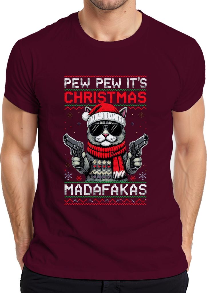 PEW PEW ITS CHRISTMAS MADAFaKAS Katze Sonnenbrille Pistolen Herren T-Shirt, Burgundy, XXL