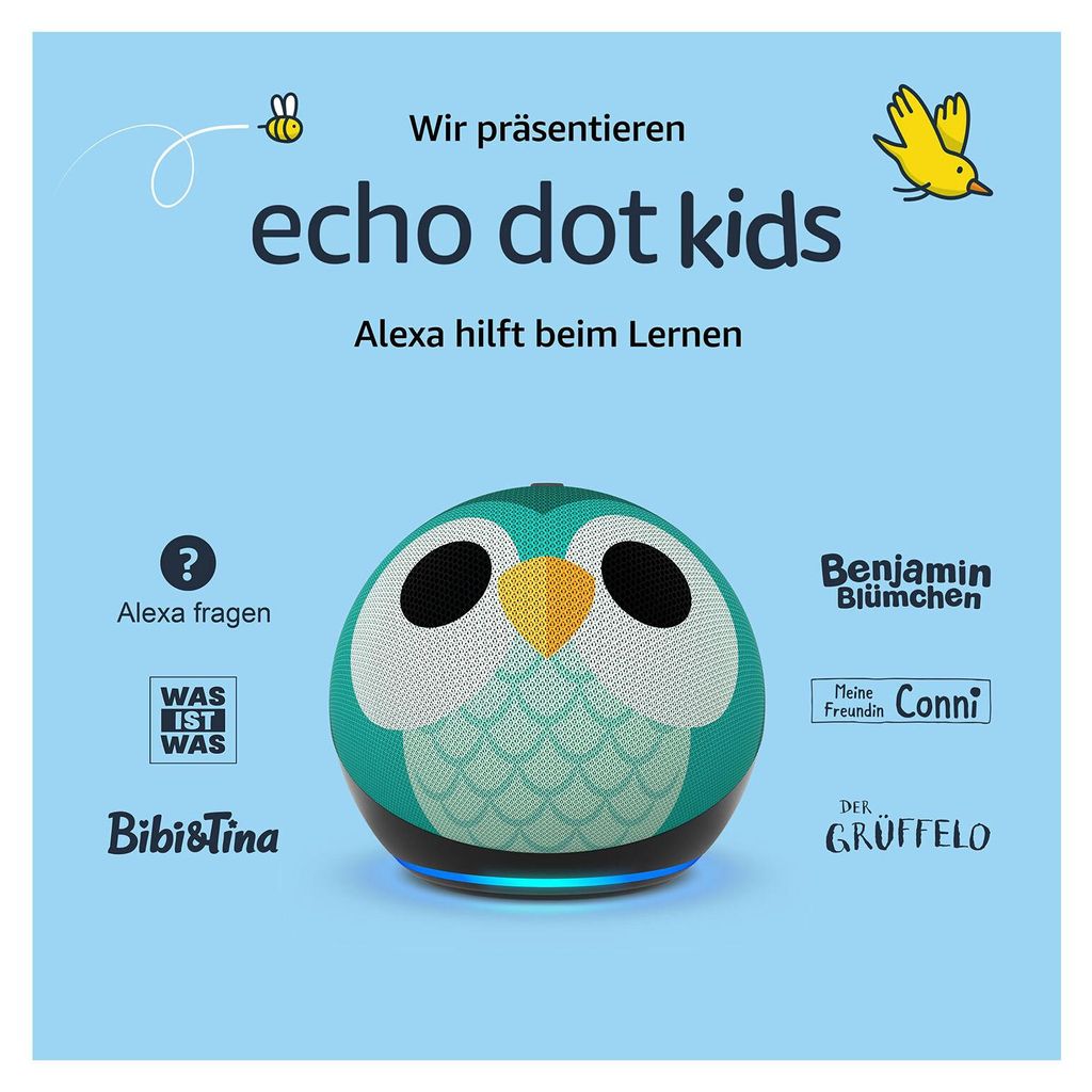 A marketing image for the Echo Dot Kids featuring an owl-designed speaker and associated children's content logos.
