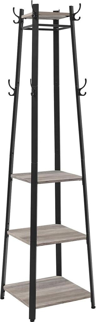 VASAGLE Garderobenständer Garderobe, Kleiderständer mit 3 Ebenen, Haken und Stangen, Stahlrahmen, Industriestil, grau und schwarz