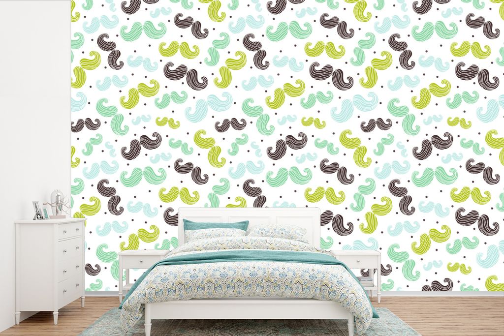 MuchoWow Fototapete für Wohnzimmer oder Schlafzimmer Wandtapete Vinyl Motivtapete Muster - Schnurrbart - Farben - Jungen - Kinder - Kleiner Jung...