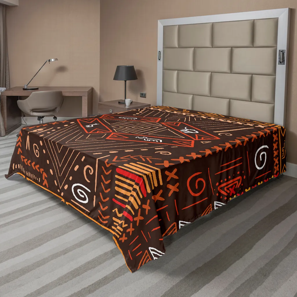 ABAKUHAUS Lenzuolo primitivo, stile aborigeno, motivi tribali, collage di immagini rupestri, morbido e confortevole lenzuolo superiore per un letto decorativo, 1 pezzo, 266 cm x 260 cm, nero e arancione.