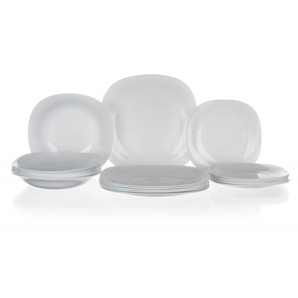 A set of white square plates and bowls arranged on a white background.