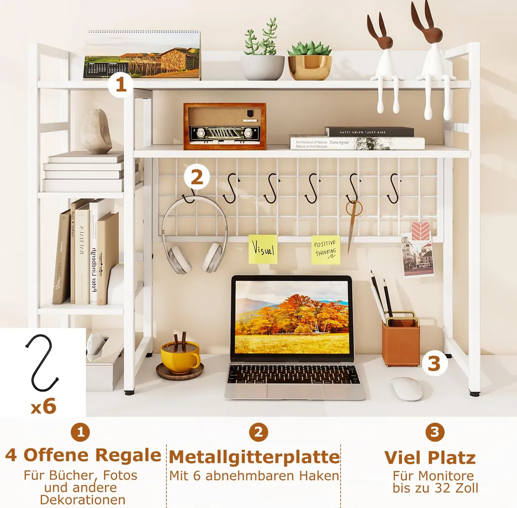 Étagère de bureau stable avec crochets et 4 compartiments rangement blanc - 4