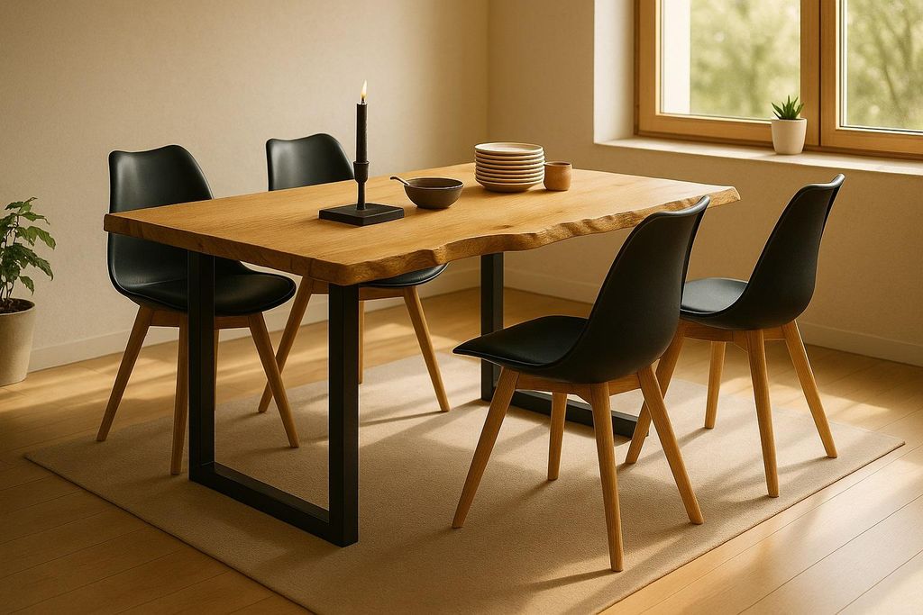 Essgruppe Baumkante massiv 140 x 80 cm Wildeiche U-Gestell schwarz & 4 Stühle schwarz SEATTLE