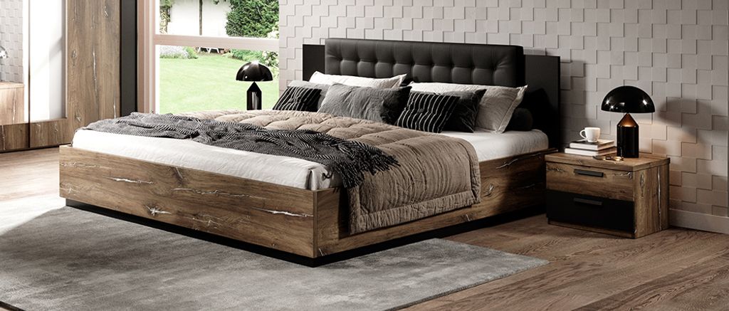 160er Bett inkl. Lattenrost mit 2 Nachtkonsolen SOLMS-83 in Flagstaf Eiche dunkel Nb. und silber, kombiniert mit schwarz, B/H/T: ca. 268/90/205 cm