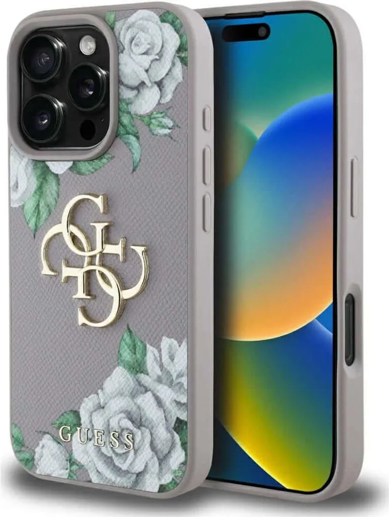 Custodia iPhone 16 Pro Guess Grained Roses Viola - Big 4G Logo Luxe