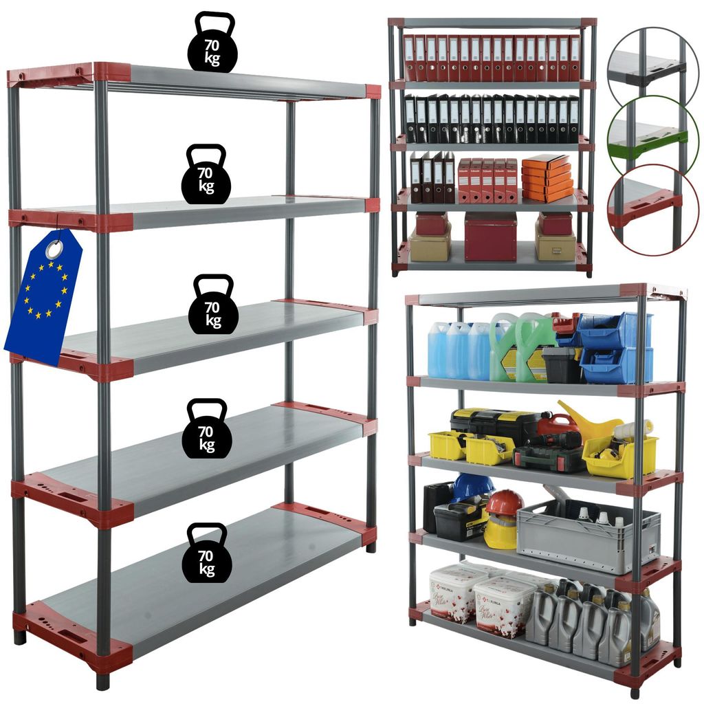MODO24 Kunststoffregal, 5 Ablagen, 70kg/Boden, Schwerlast, Steckregal, Lagerregal, Plastikregal, Werkstatt, 180x150x46?cm, Rot, JUPITER