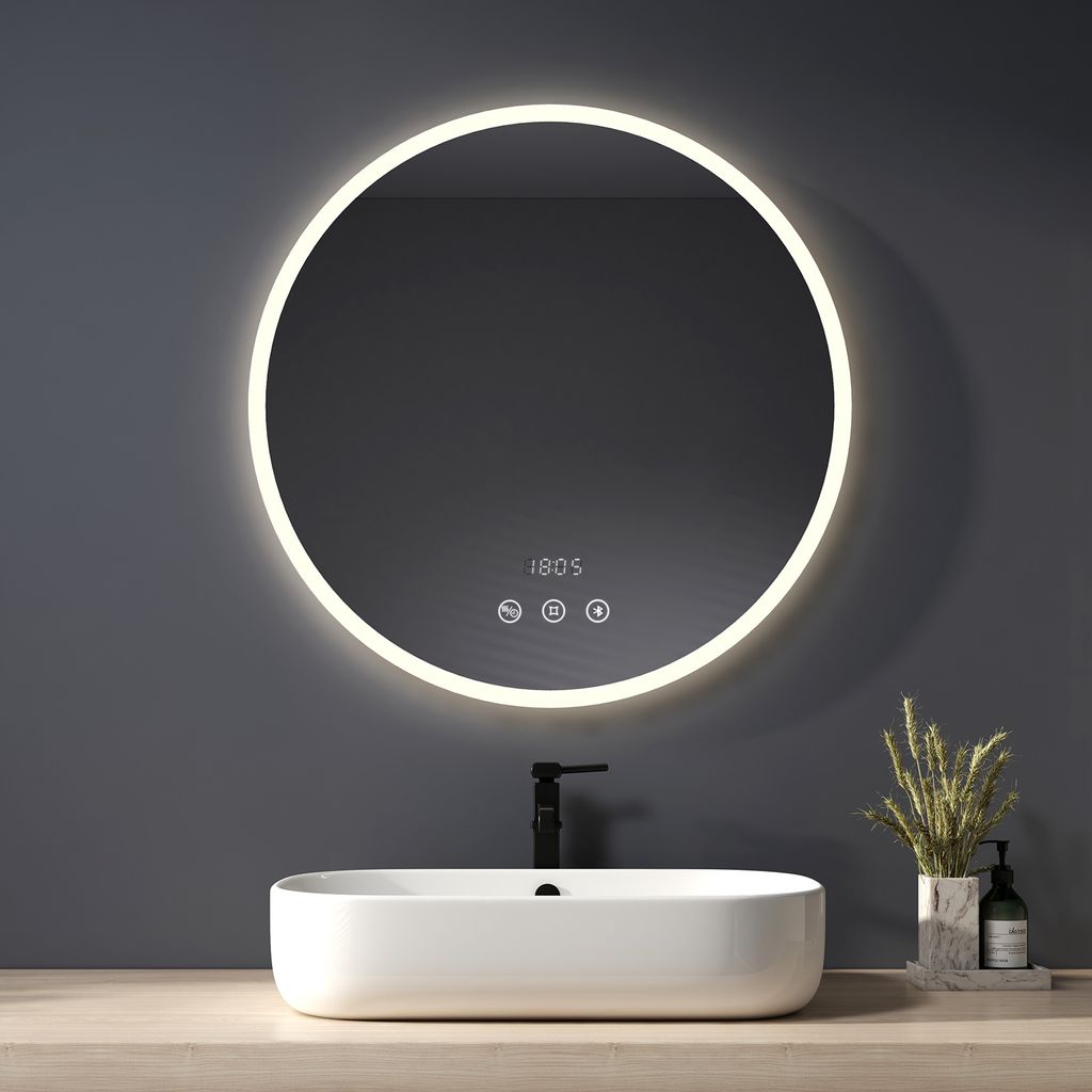 Heilmetz Rund Spiegel Badspiegel mit Beleuchtung 70cm LED Badzimmerspiegel Touchschalter+Beschlagfrei+Uhrzeit+Bluetooth Wandspiegel