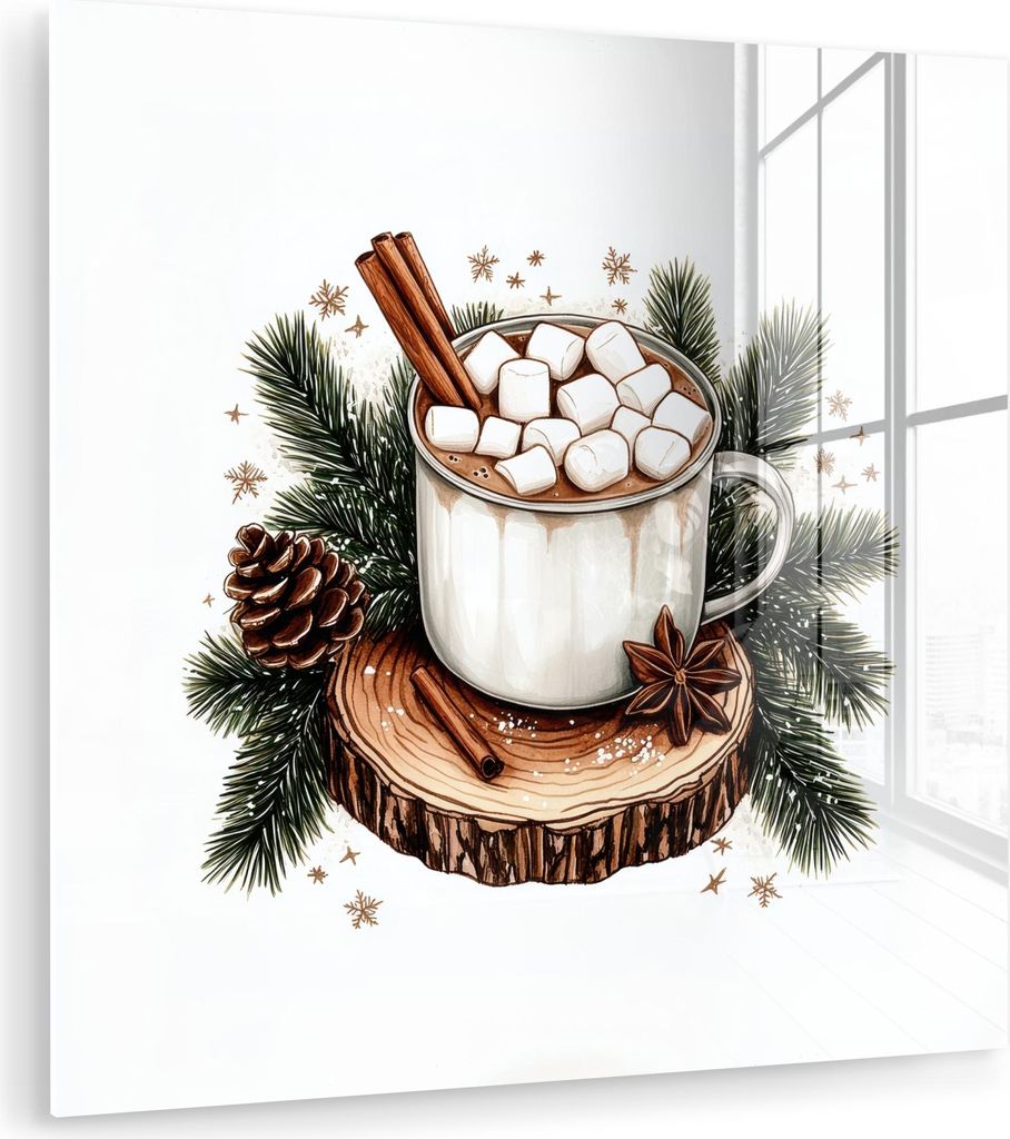 MuchoWow Glasbilder - Bilder auf Wandbild - Foto auf Glas Winter - Holz - Schokoladenmilch - Getränk - Weihnachten 50x50 cm Wanddekoration aus Gla...