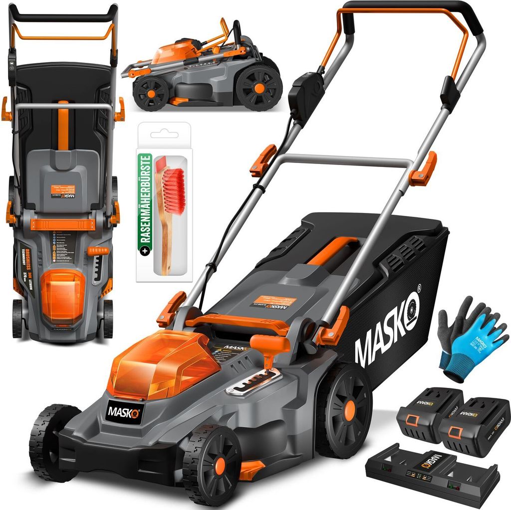 A collage of images showing a cordless lawnmower and its accessories.