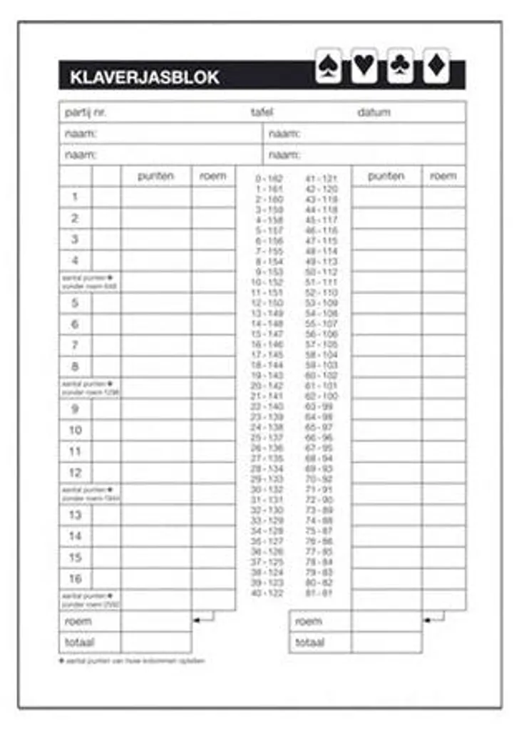 Carnet de Score Klaverjas A5 Expres - 50 Feuillets pour Jeux de Cartes