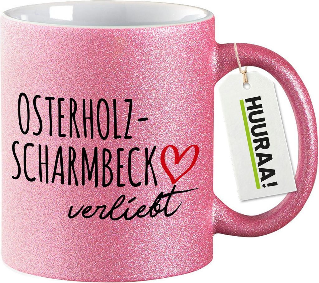 Huuraa Glitzertasse Osterholz-Scharmbeck verliebt 330ml Pink Keramik Kaffeebecher Geschenkidee