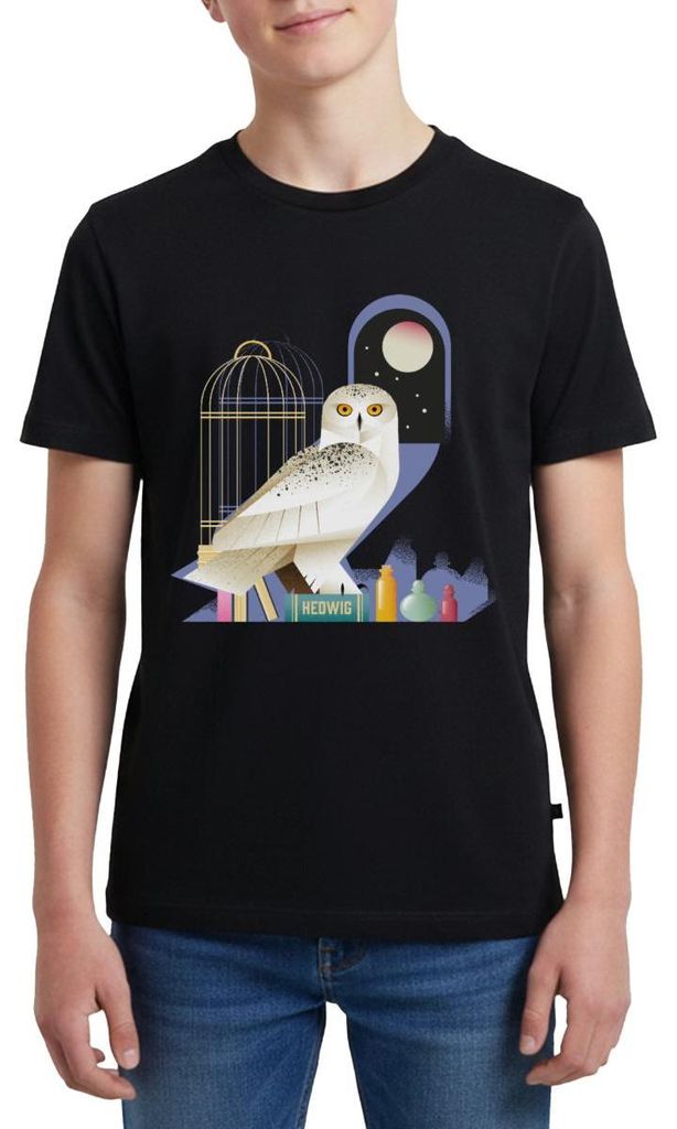 Spreadshirt Harry Potter Eule Hedwig Bei Nacht Teenager Premium T-Shirt, 146/152 (10 Jahre), Schwarz