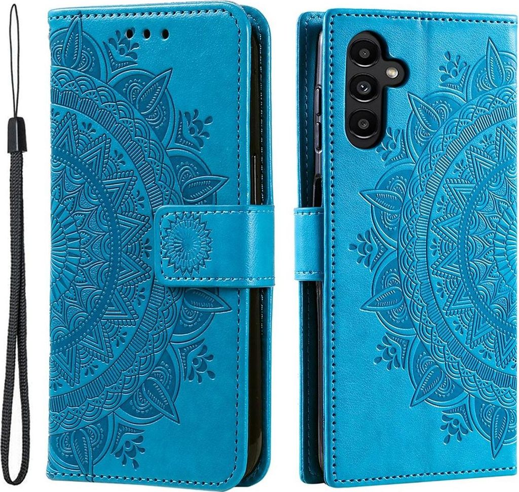 A blue flip case for a Samsung Galaxy A34 5G phone, featuring a mandala embossed design.