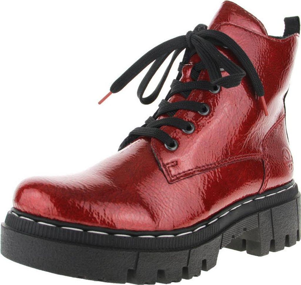 A single red patent leather boot with black laces and a thick black platform sole is shown against a white background.