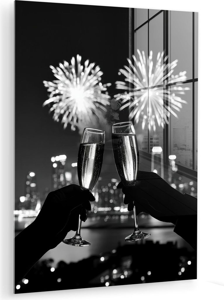 MuchoWow Glasbilder - Bilder auf Wandbild - Foto auf Glas Feuerwerk - Prost - Skyline - Champagner 30x40 cm Wanddekoration aus Glas - Acrylglasbild...
