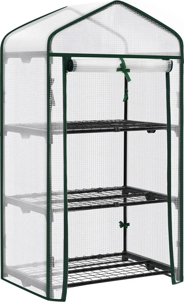 Étagère à fleurs 3 niveaux avec porte enroulable et cadre métal blanc