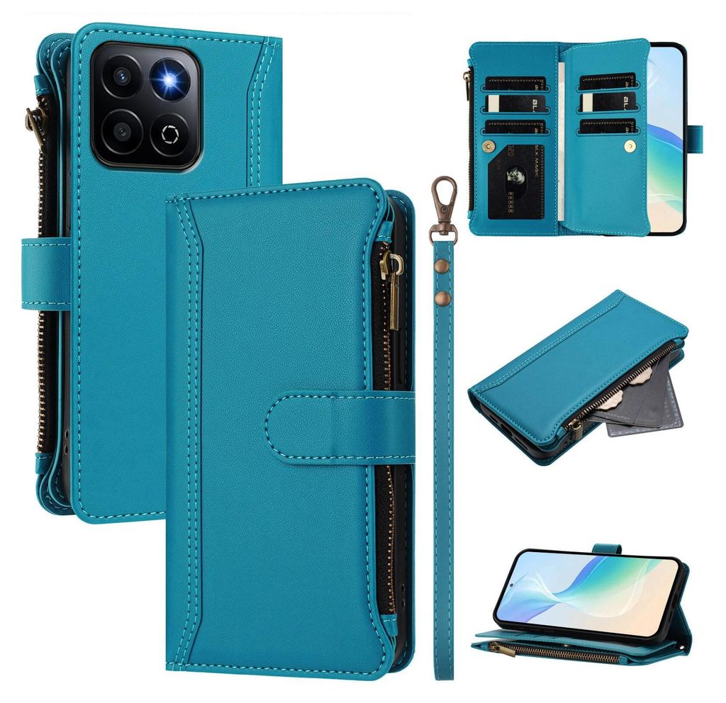 A collage of images showing a blue wallet-style phone case from different angles, including its interior card slots and a zipper pocket.