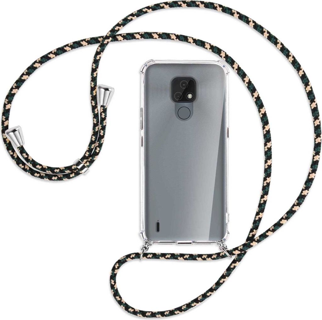 Handykette Backcover-Schutzhülle mit Band (Metall silberfarben) für Motorola Moto E7 - camouflage