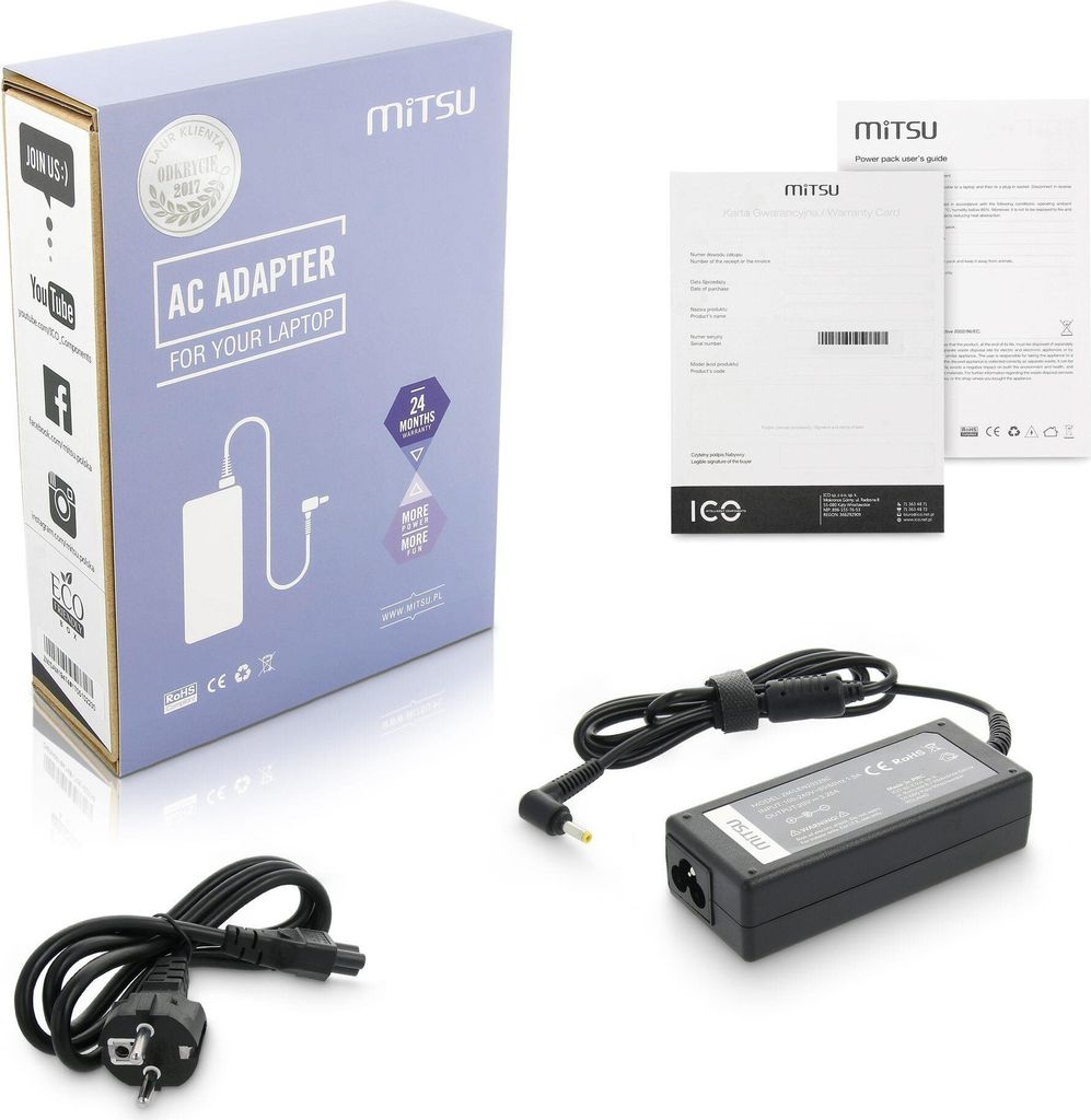 Zasilacz sieciowy Mitsu 20V 3.25A (4.0x1.7) do notebooka Zdjęcie produktu 