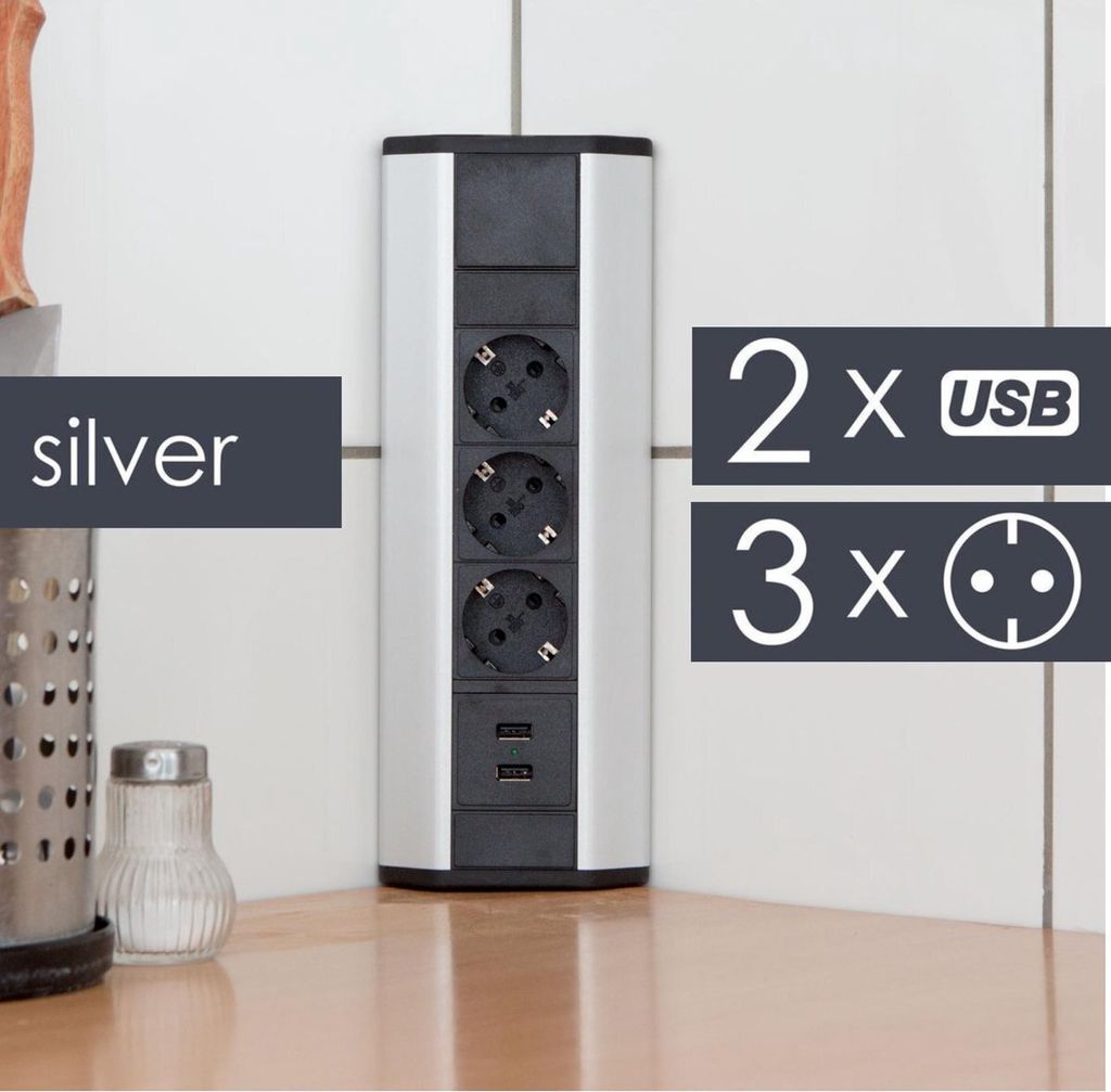 DELIGHT - Eckeinbausteckdose mit 2x USB und 3 Steckdosen - Produktbild 