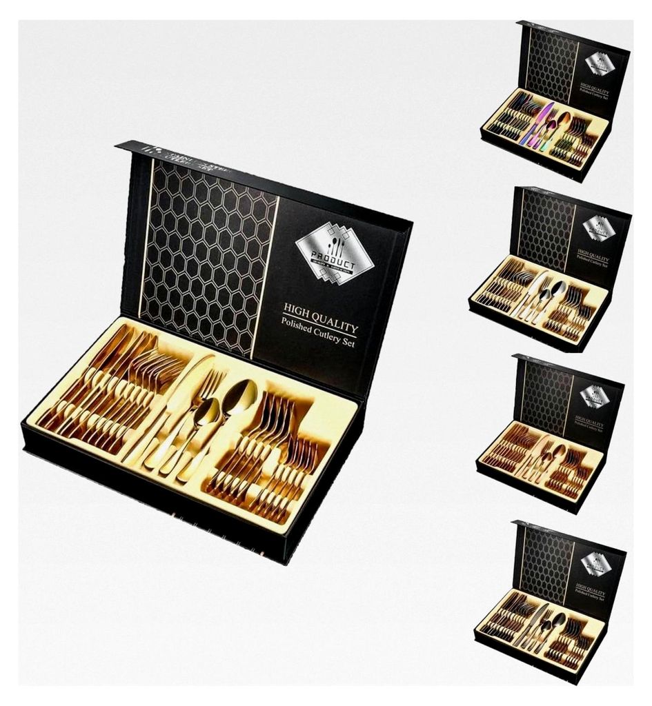 Edelstahl Besteckset für 6 Personen | 24-teiliges Set hochglanzpoliert | Spülmaschinenfest und rostfrei | Geschenkbox in Gold