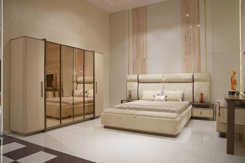 Schlafzimmer-Set in Beige aus Holz mit modernen Design