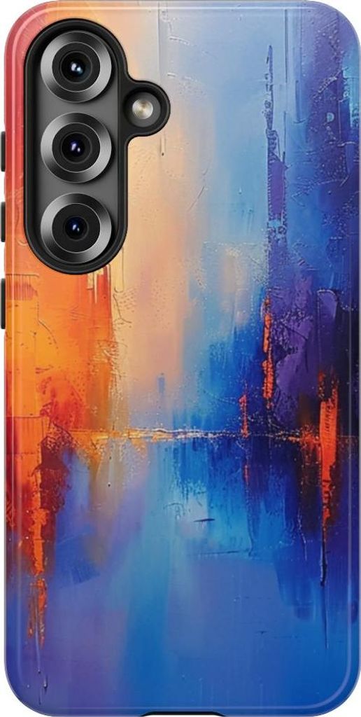 Lebendige abstrakte Stadtansicht in Blau und Orange – Hülle Kompatibel mit Samsung Galaxy S25